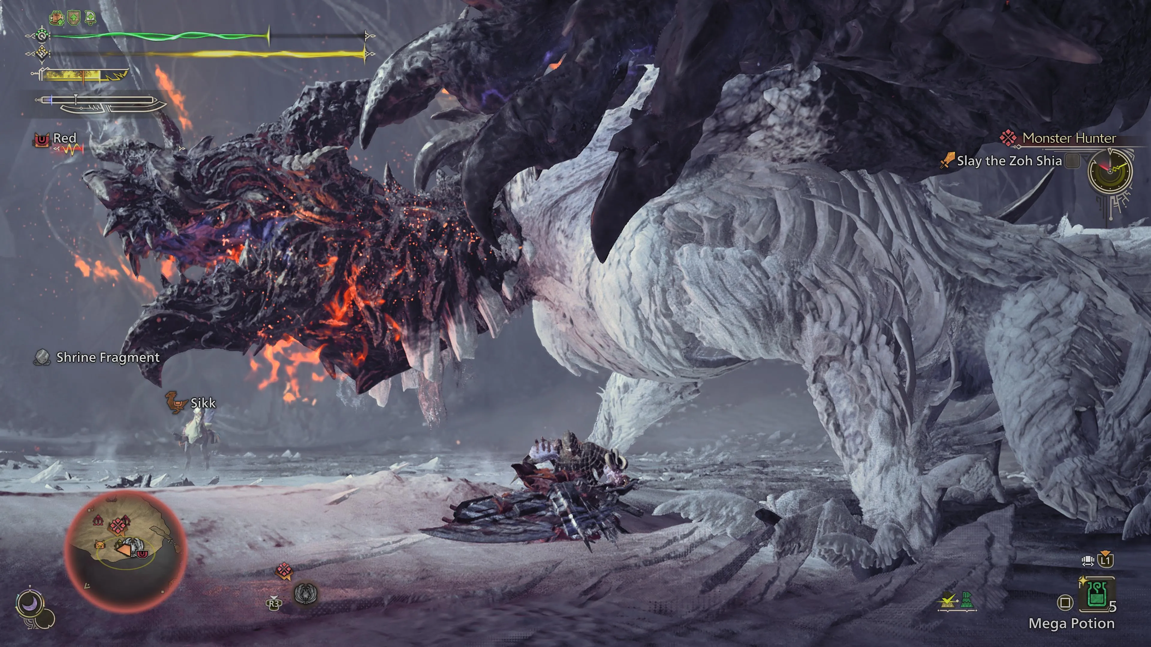 Hunters collecting rare materials from a defeated Zoh Shia in Monster Hunter Wilds