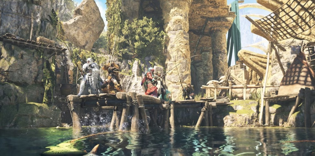 Hunters equipped with Zoh Shia armor and weapons in Monster Hunter Wilds